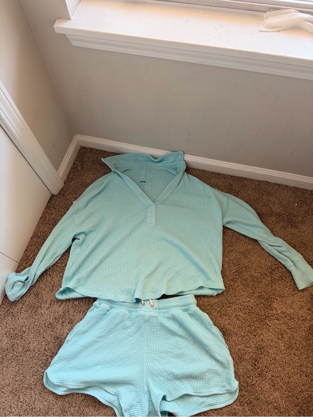 aerie Light Aqua V-Neck Waffle-Knit Sweater & Adjustable Shorts Set